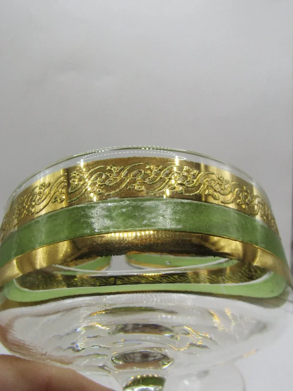 Set of Five Starlyte Green & Gold Scroll Coupe Glasses
